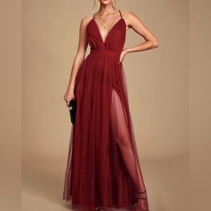 Rare Beauty Burgundy Tulle Backless Maxi Dress